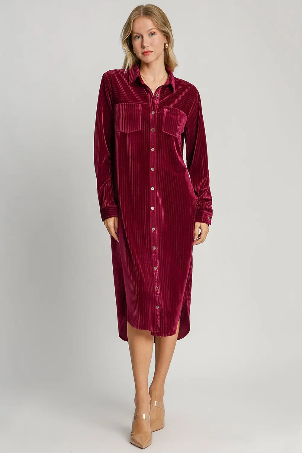 Umgee Texture Curved Hem Button Down Shirt Dress Trendsi
