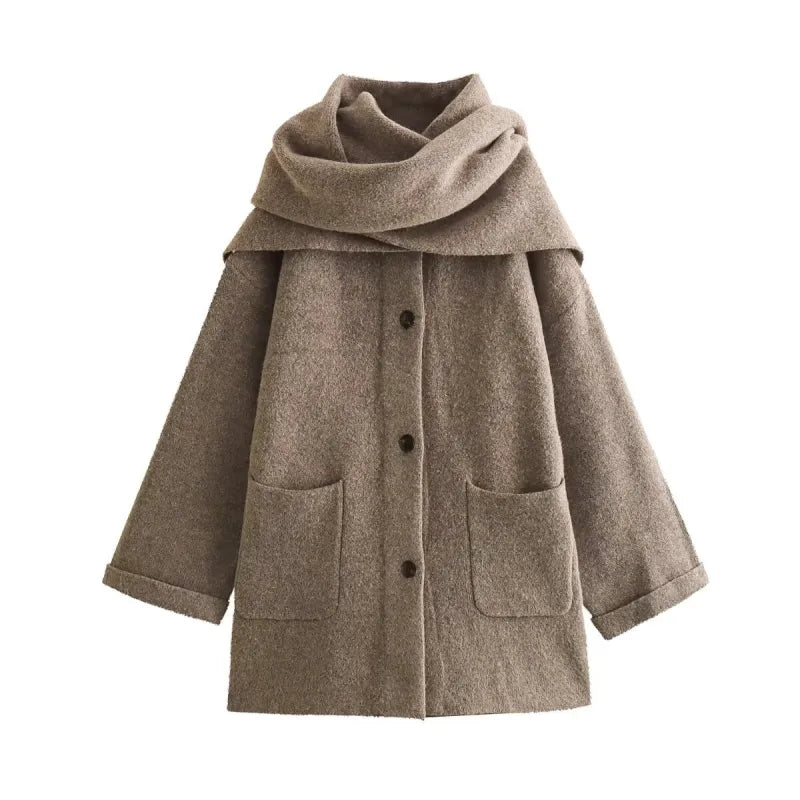 Women Knitted Cardigan With Scarf TETAEA