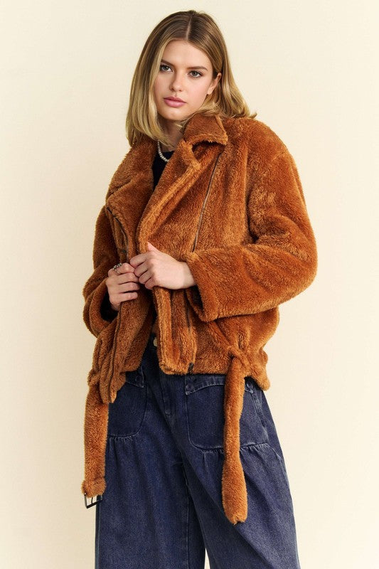 Davi & Dani Fuzzy Zip Up Collared Neck Jacket Trendsi