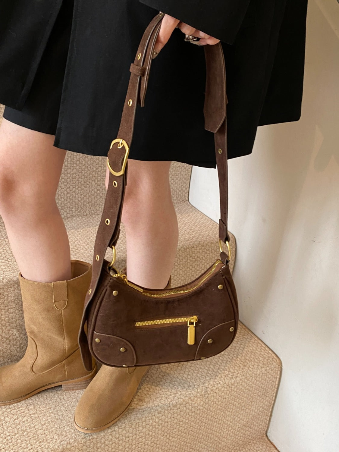 Suede Adjustable Strap Shoulder Bag - TETAEA