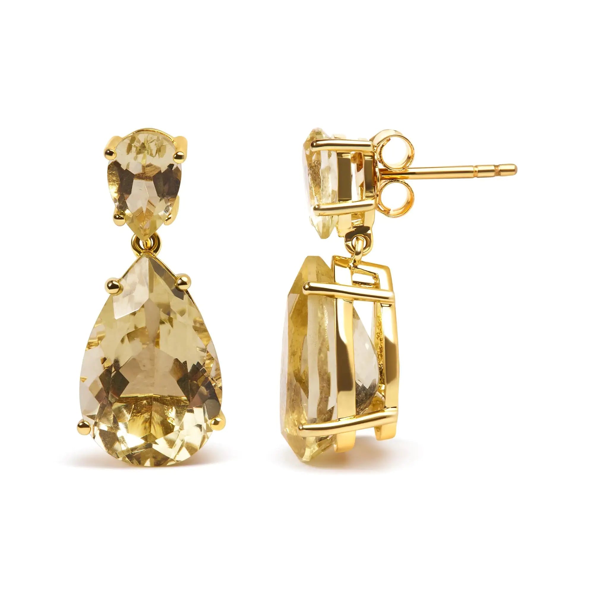 10K Yellow Gold Plated .925 Sterling Silver 11.0 Carat Pear Shaped Lime Quartz Dangle Drop Earring TETAEA