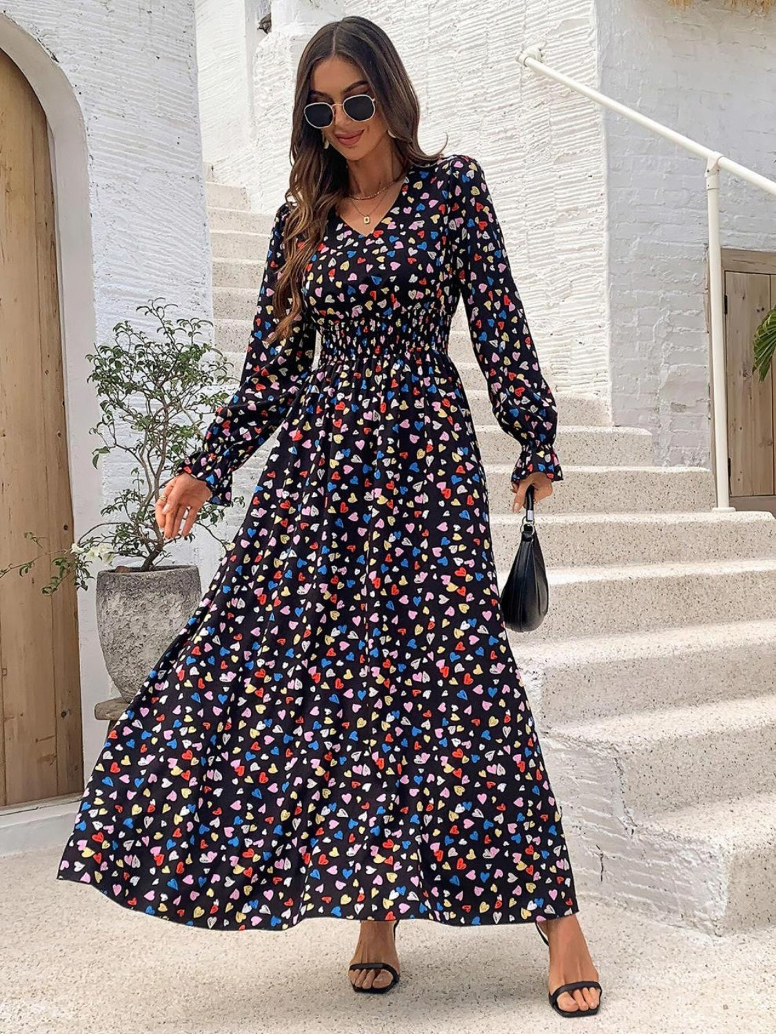 Smocked Printed V-Neck Flounce Sleeve Dress Trendsi