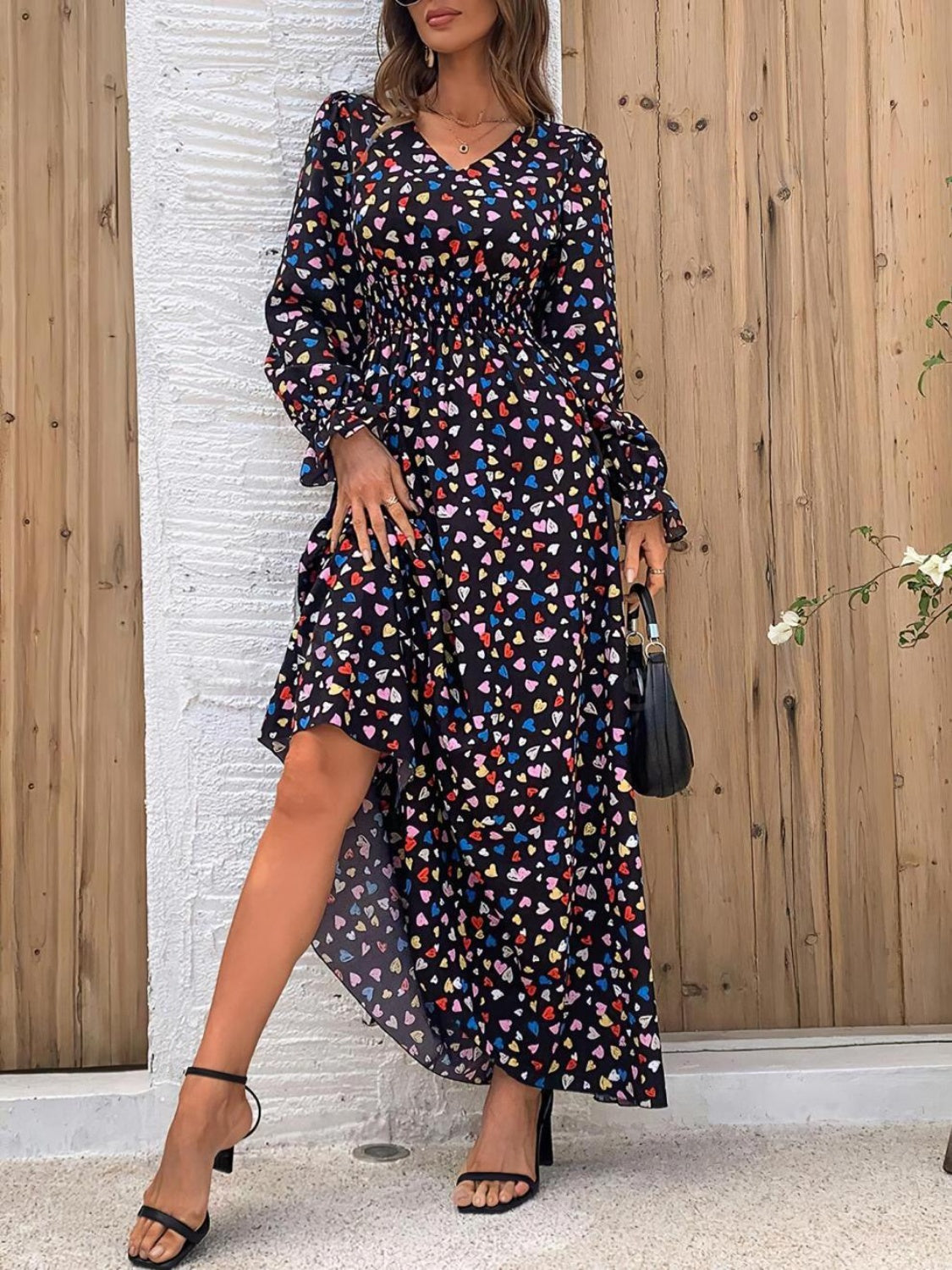 Smocked Printed V-Neck Flounce Sleeve Dress Trendsi