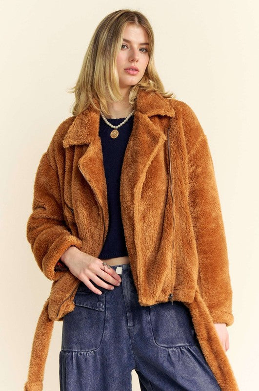Davi & Dani Fuzzy Zip Up Collared Neck Jacket Trendsi