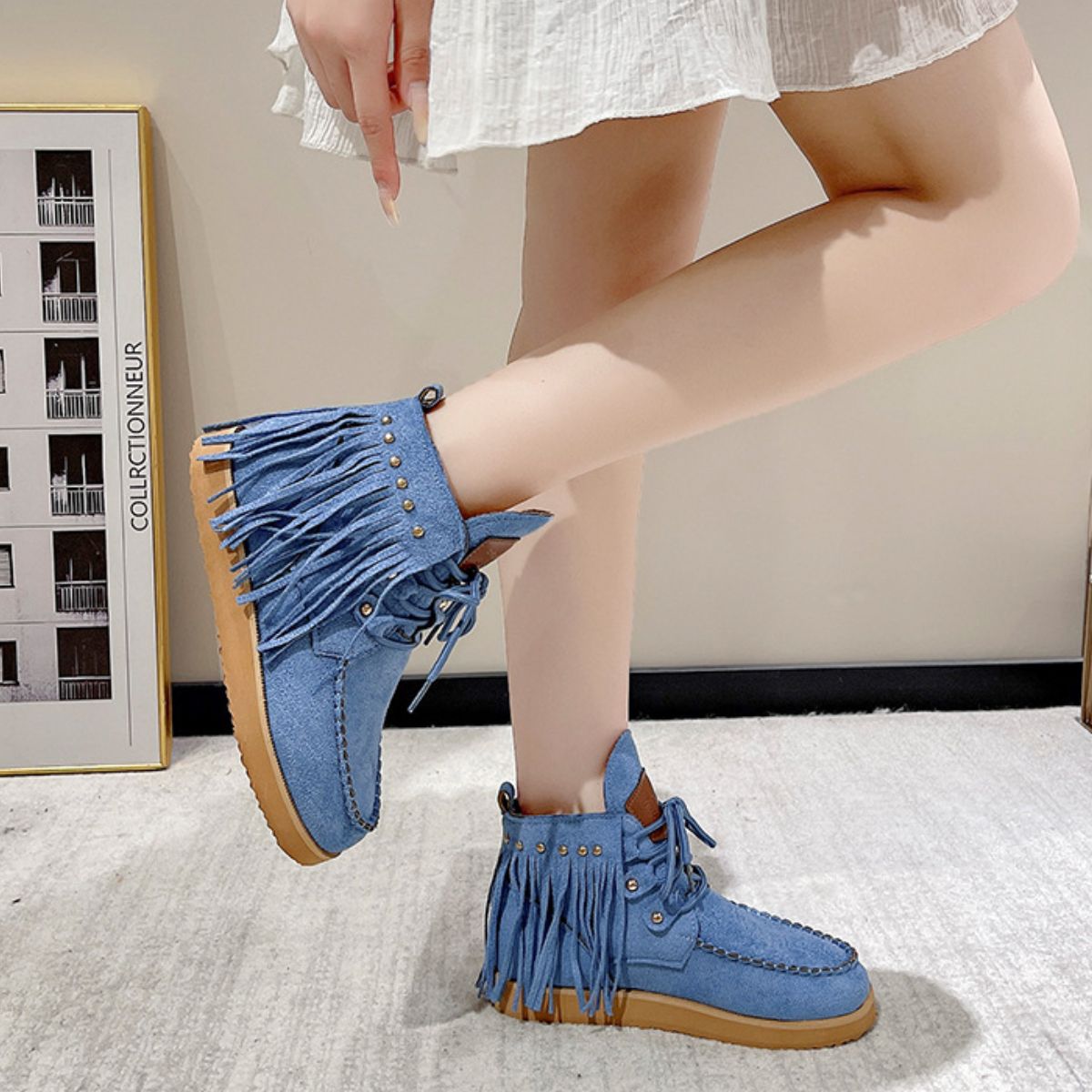Fringe Studded Round Toe Canvas Boots Trendsi