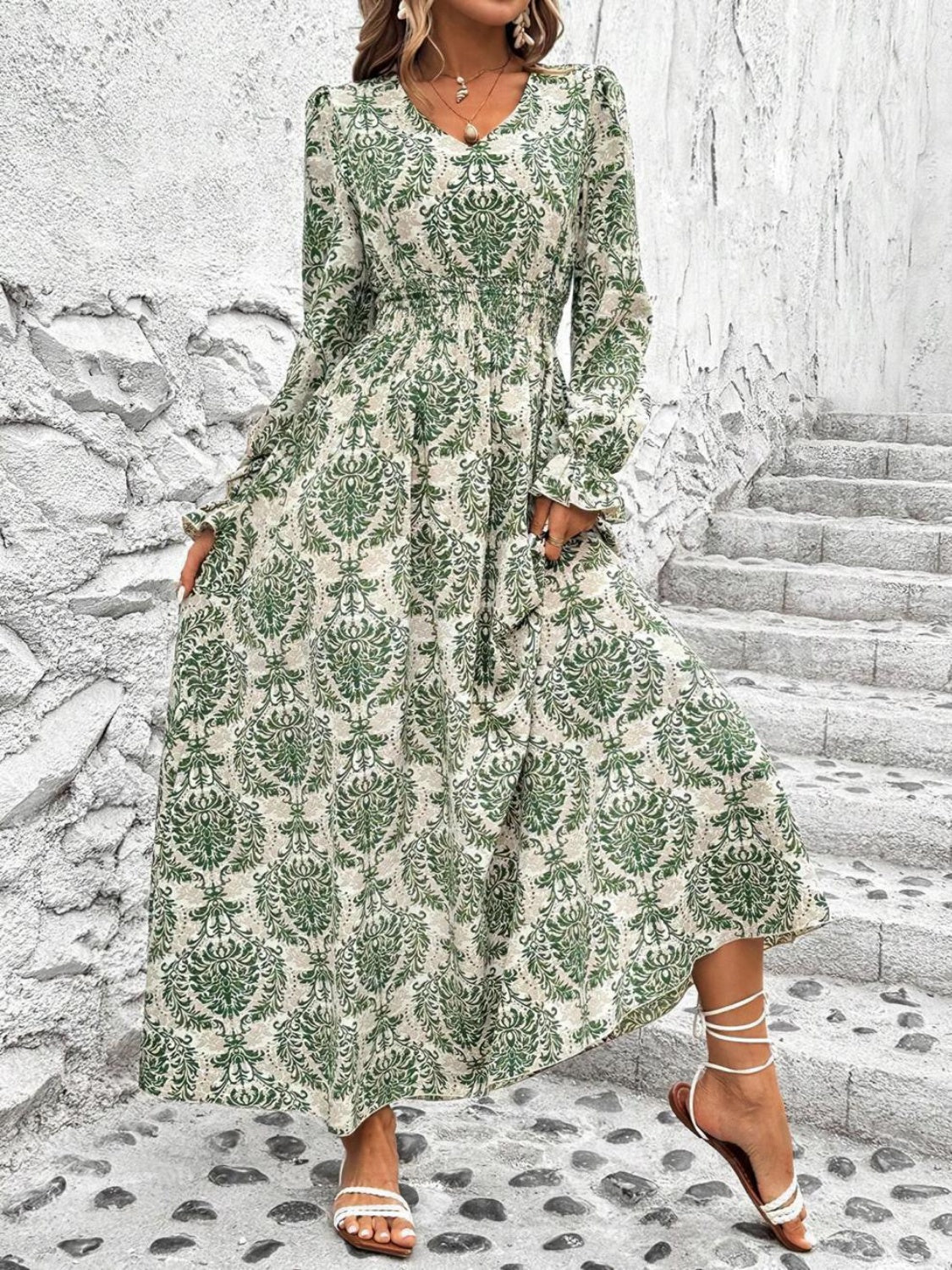 Smocked Printed V-Neck Flounce Sleeve Dress Trendsi