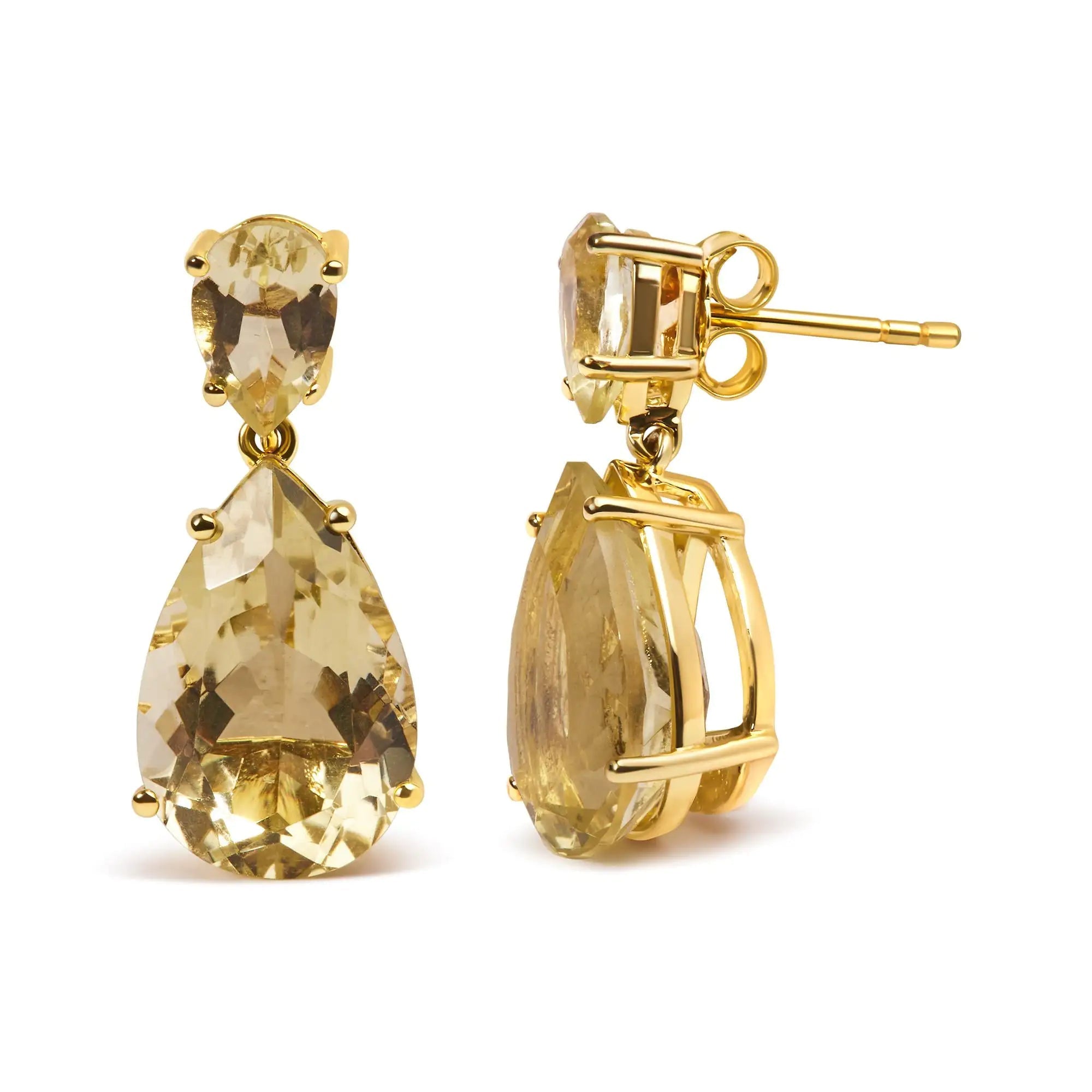 10K Yellow Gold Plated .925 Sterling Silver 11.0 Carat Pear Shaped Lime Quartz Dangle Drop Earring TETAEA