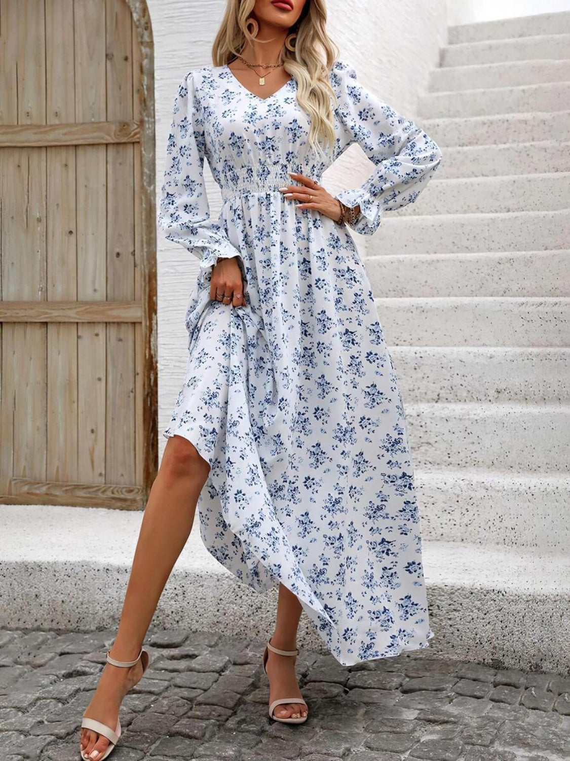 Smocked Printed V-Neck Flounce Sleeve Dress Trendsi