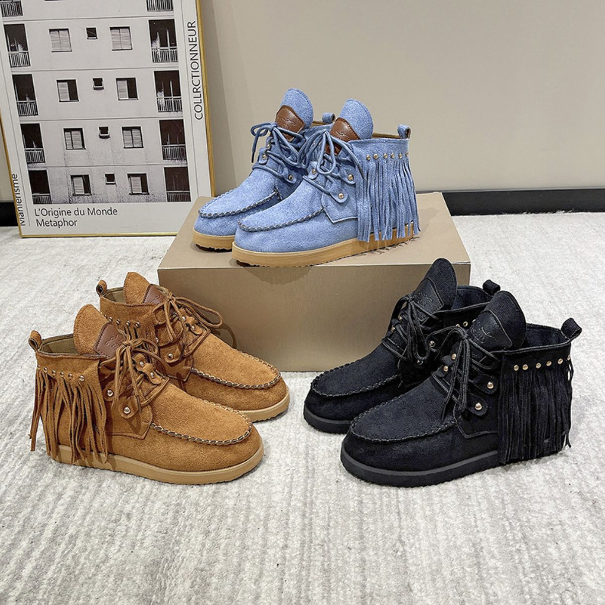Fringe Studded Round Toe Canvas Boots Trendsi