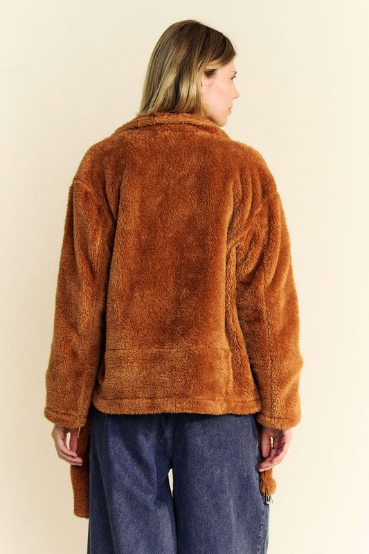 Davi & Dani Fuzzy Zip Up Collared Neck Jacket Trendsi