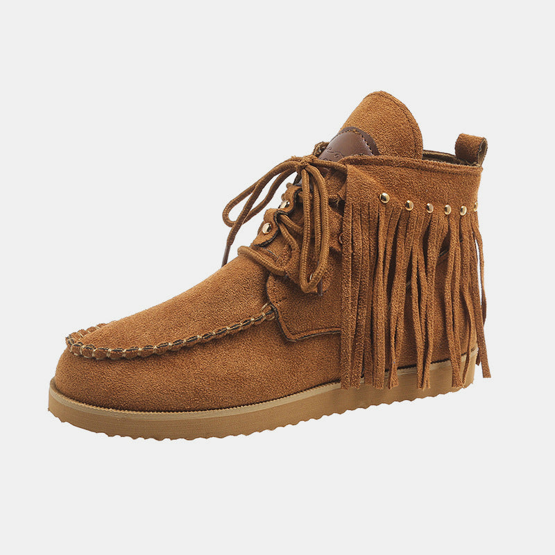 Fringe Studded Round Toe Canvas Boots Trendsi