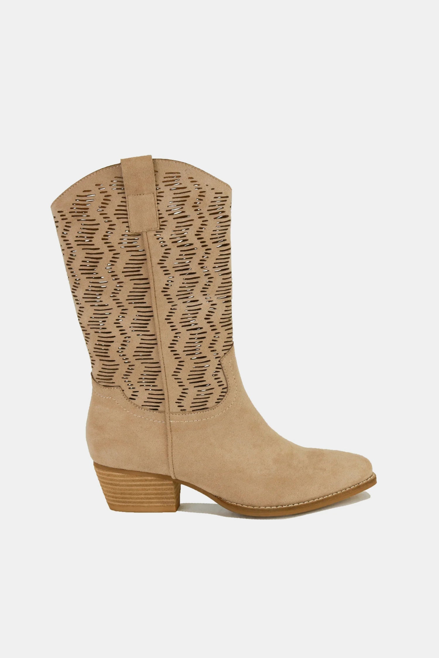 Beast Fashion Faux Suede Laser Cut Detail Block Heel Boots Trendsi