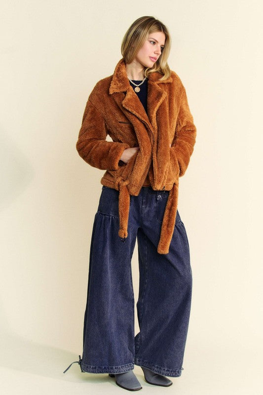 Davi & Dani Fuzzy Zip Up Collared Neck Jacket Trendsi