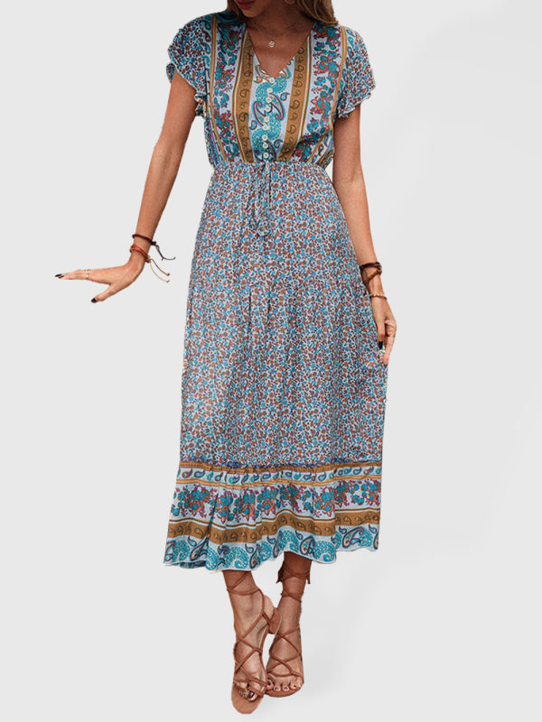 Women's summer retro print green slimming dress kakaclo