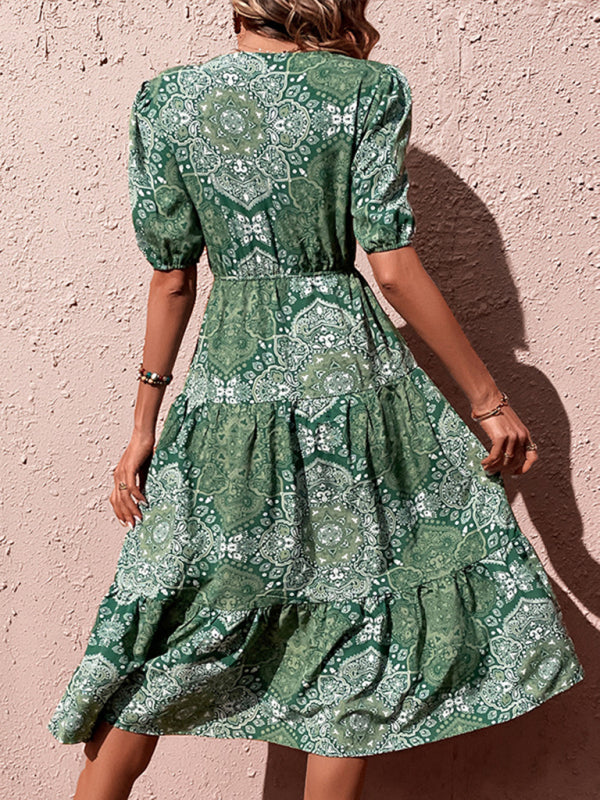 Spring and summer elegant dress floral V-neck puff sleeve side slit long dress kakaclo