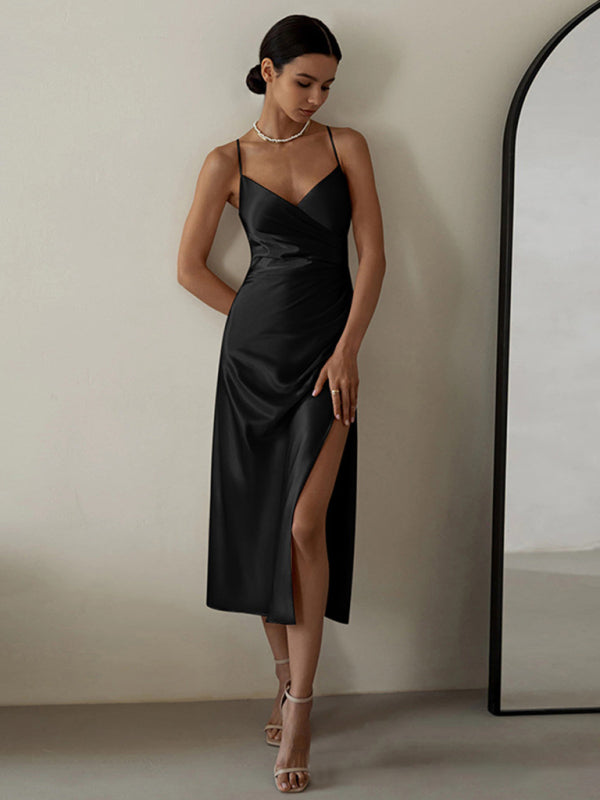 New V-neck pleated waist suspender slit midi dress kakaclo