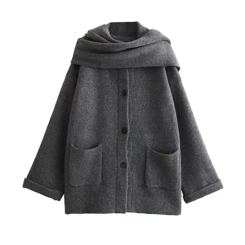 Women Knitted Cardigan With Scarf TETAEA