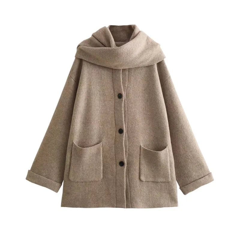 Women Knitted Cardigan With Scarf TETAEA